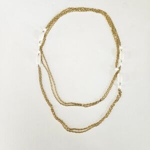 Vintage Gold Tone Long 50" Multi-Strand Chain White Lucite Beaded Wrap Necklace